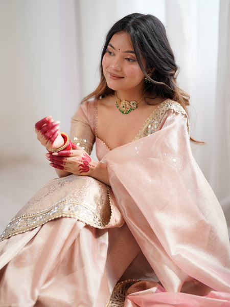 Baby Pink Banarasi Rajkumari Mirror Work Tissue Silk Saree