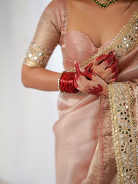 Baby Pink Banarasi Rajkumari Mirror Work Tissue Silk Saree