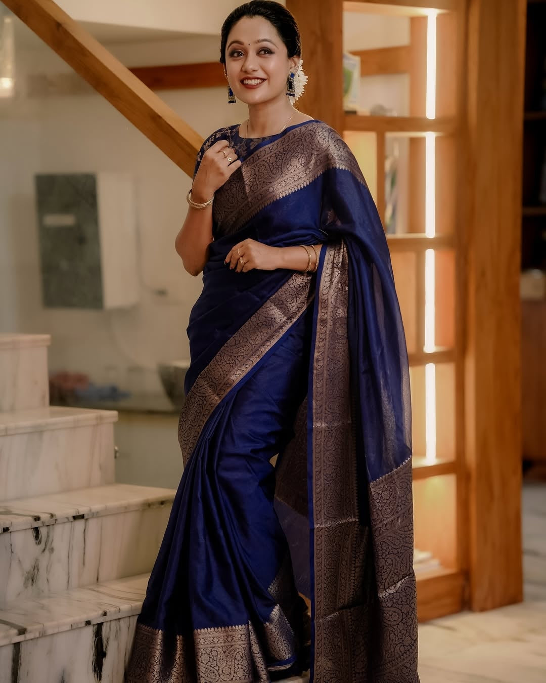 Navy Blue Classic Banarasi Woven Soft Saree with Antique Zari Borders