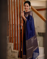 Navy Blue Classic Banarasi Woven Soft Saree with Antique Zari Borders