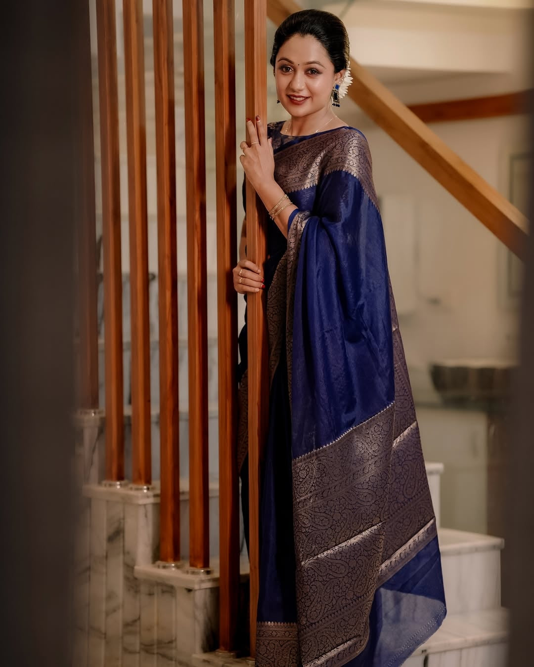 Navy Blue Classic Banarasi Woven Soft Saree with Antique Zari Borders