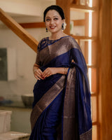 Navy Blue Classic Banarasi Woven Soft Saree with Antique Zari Borders