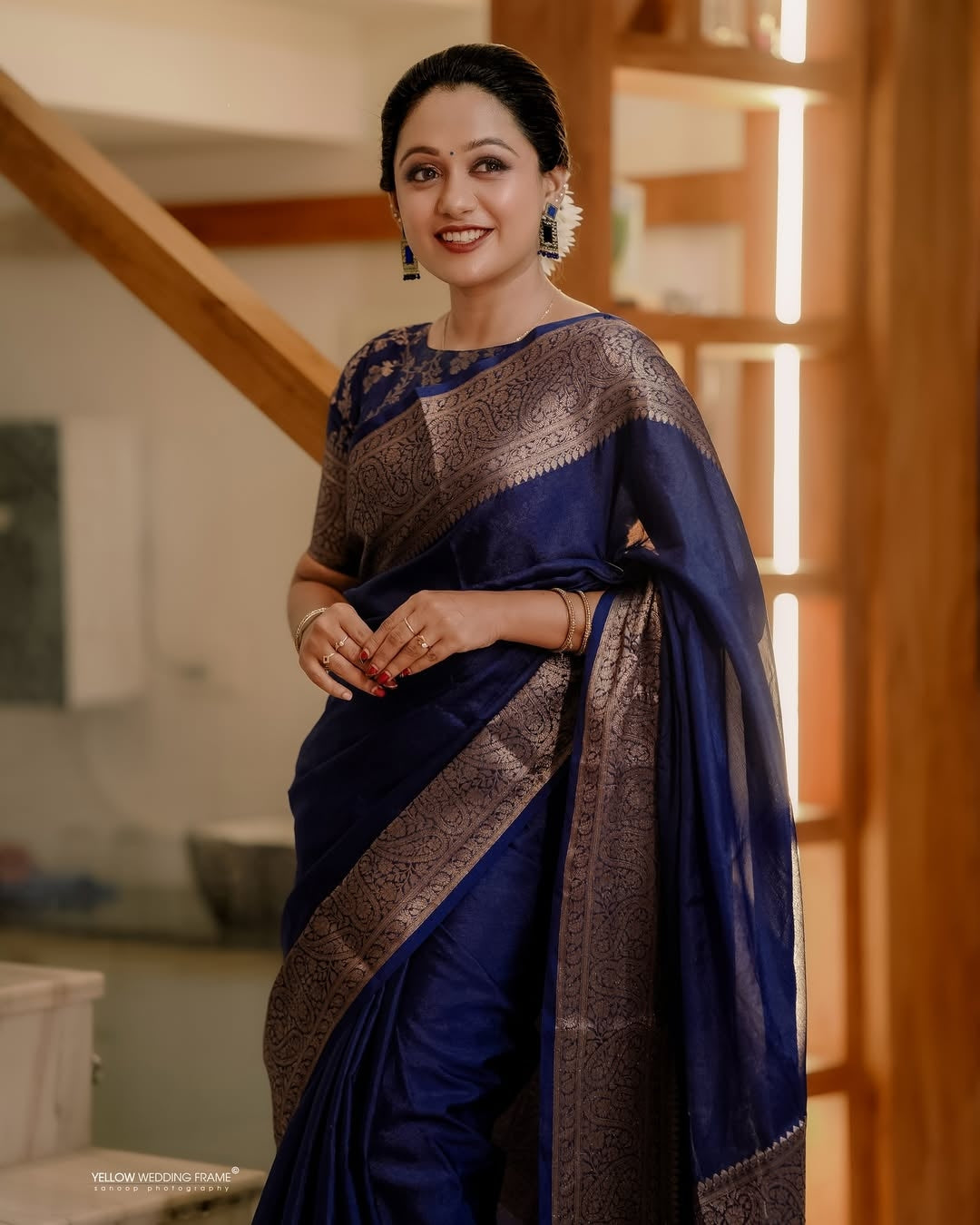 Navy Blue Classic Banarasi Woven Soft Saree with Antique Zari Borders