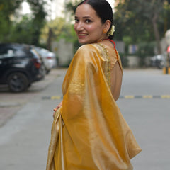 Mustard Gold Designer Tissue Silk Saree with Hand Zardozi Work