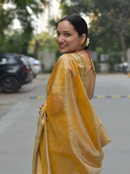 Mustard Gold Designer Tissue Silk Saree with Hand Zardozi Work