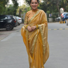 Mustard Gold Designer Tissue Silk Saree with Hand Zardozi Work