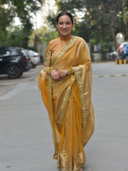 Mustard Gold Designer Tissue Silk Saree with Hand Zardozi Work