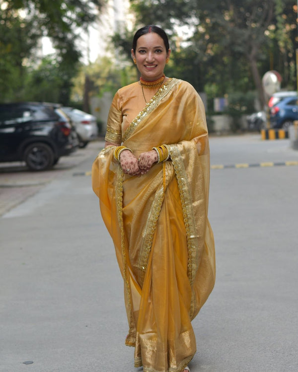 Mustard Gold Designer Tissue Silk Saree with Sequence Blouse | Free Size