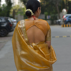 Mustard Gold Designer Tissue Silk Saree with Hand Zardozi Work