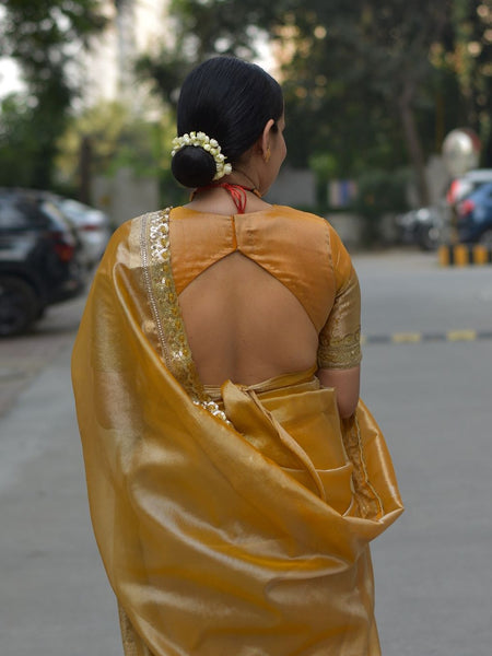 Mustard Gold Designer Tissue Silk Saree with Hand Zardozi Work