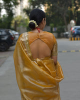 Macaroon Gold Designer Tissue Silk Saree with Hand Zardozi Work