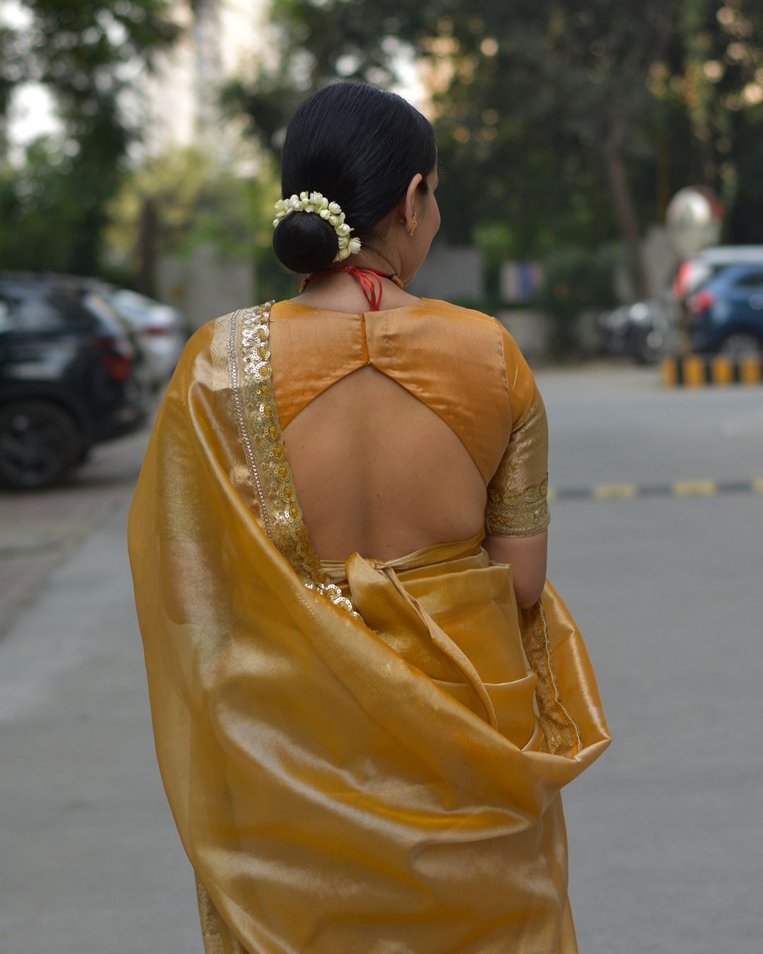 Macaroon Gold Designer Tissue Silk Saree with Hand Zardozi Work