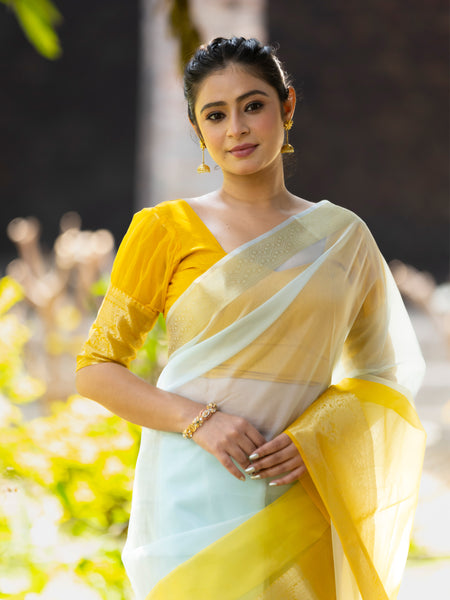 Yellow Subtle Banarasi Woven Soft Organza Skirt Border Saree