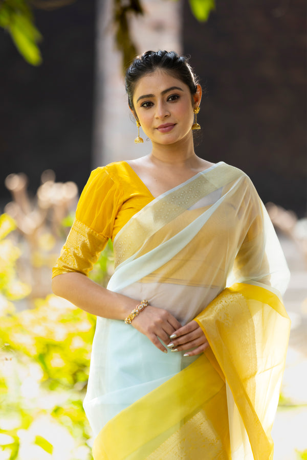 Yellow Subtle Banarasi Woven Soft Organza Skirt Border Saree