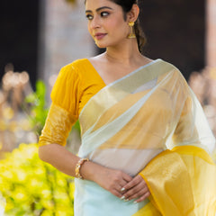 Yellow Subtle Banarasi Woven Soft Organza Skirt Border Saree
