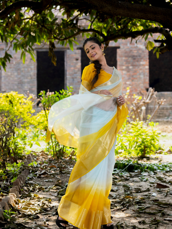 Yellow Subtle Banarasi Woven Soft Organza Skirt Border Saree