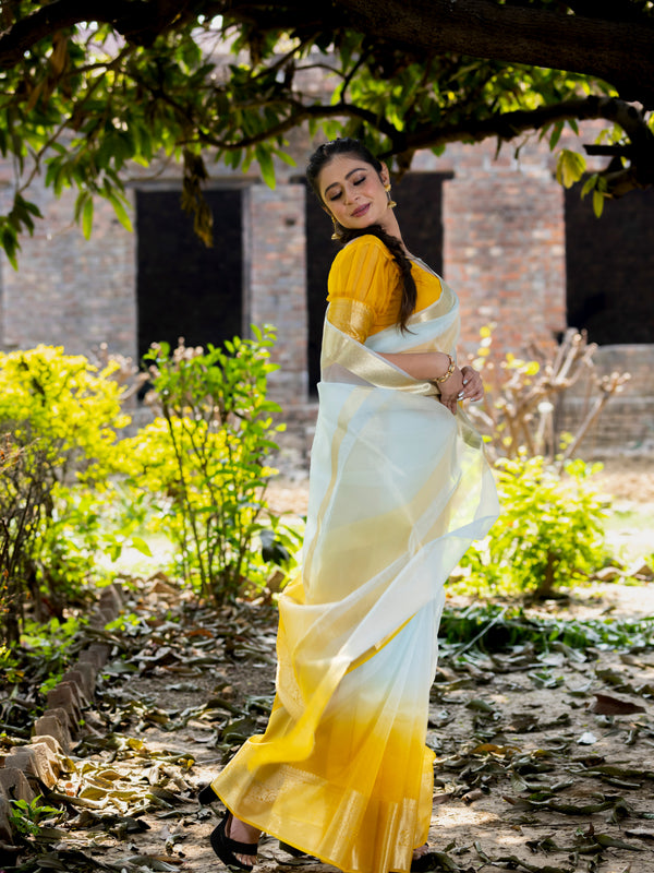 Yellow Subtle Banarasi Woven Soft Organza Skirt Border Saree