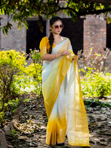 Yellow Subtle Banarasi Woven Soft Organza Skirt Border Saree
