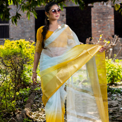 Yellow Subtle Banarasi Woven Soft Organza Skirt Border Saree