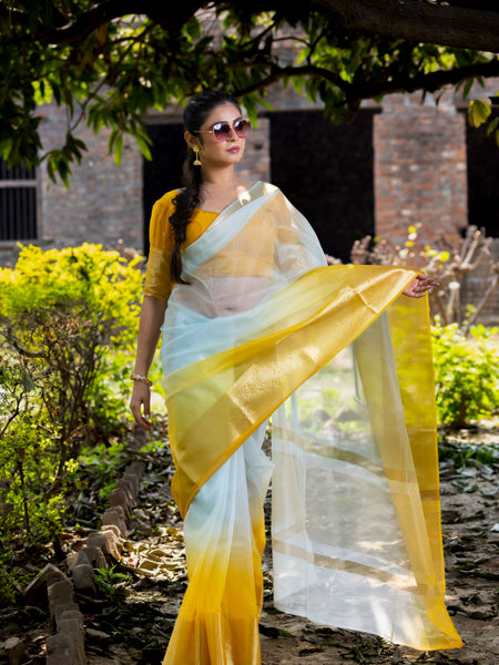 Yellow Subtle Banarasi Woven Soft Organza Skirt Border Saree