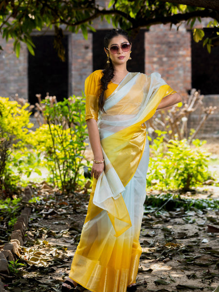 Yellow Subtle Banarasi Woven Soft Organza Skirt Border Saree