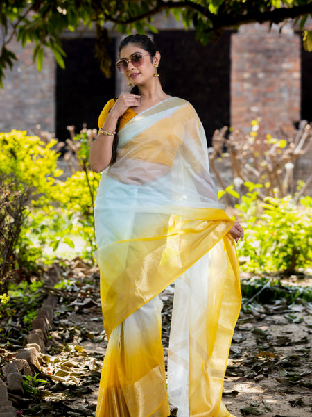 Yellow Subtle Banarasi Woven Soft Organza Skirt Border Saree