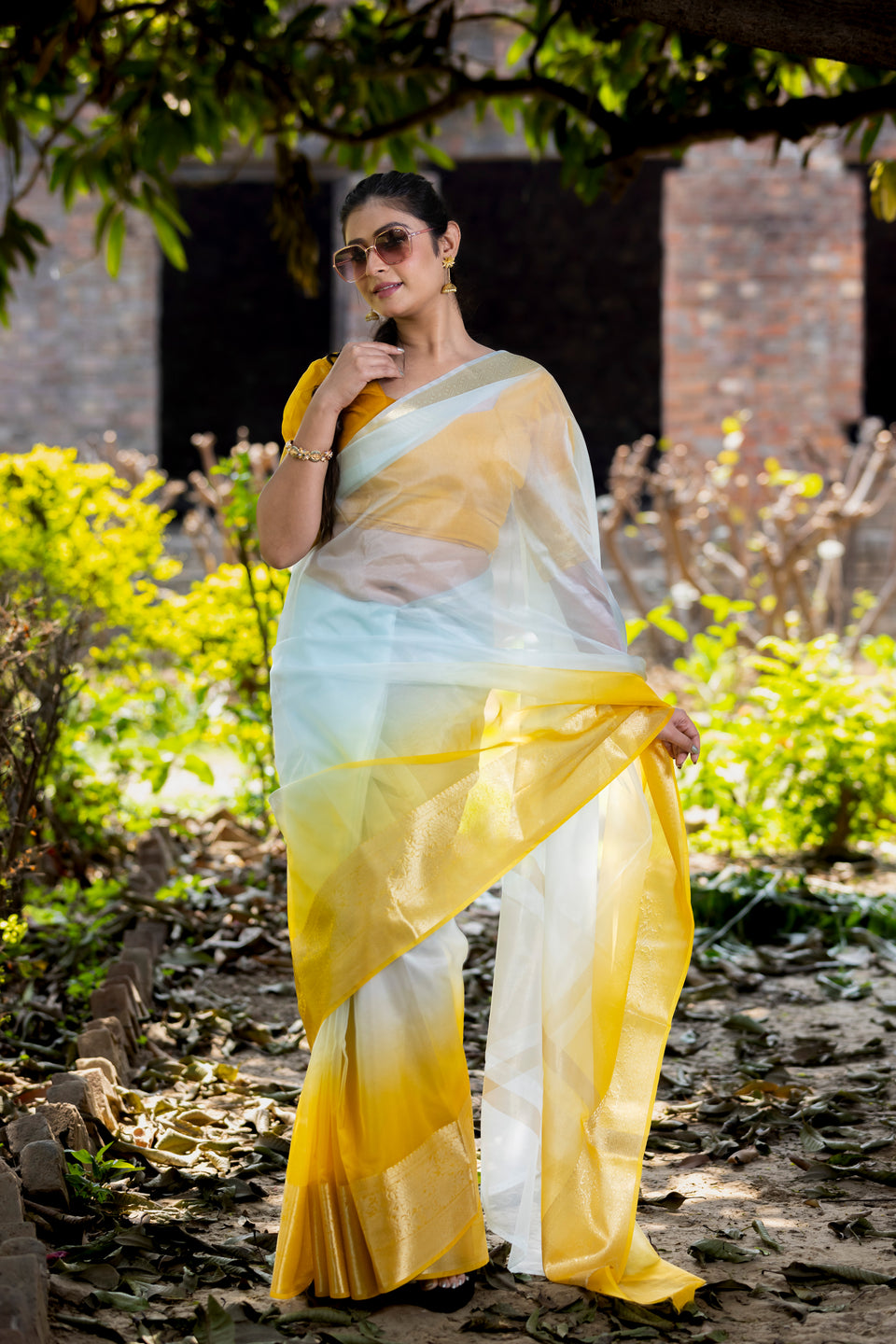 Yellow Subtle Banarasi Woven Soft Organza Skirt Border Saree