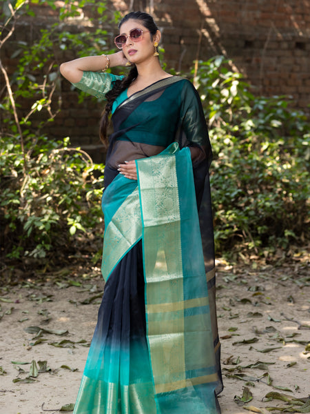 Sea Green Black Banarasi Woven Soft Organza Skirt Border Saree