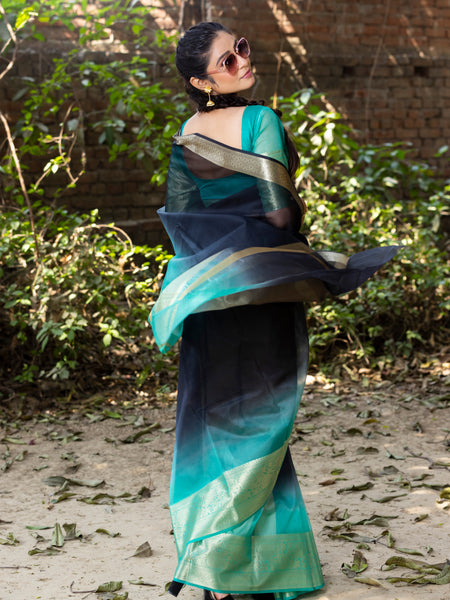 Sea Green Black Banarasi Woven Soft Organza Skirt Border Saree