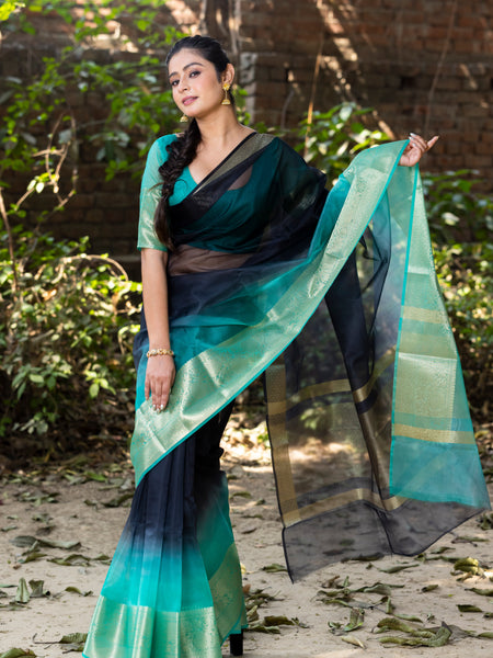 Sea Green Black Banarasi Woven Soft Organza Skirt Border Saree
