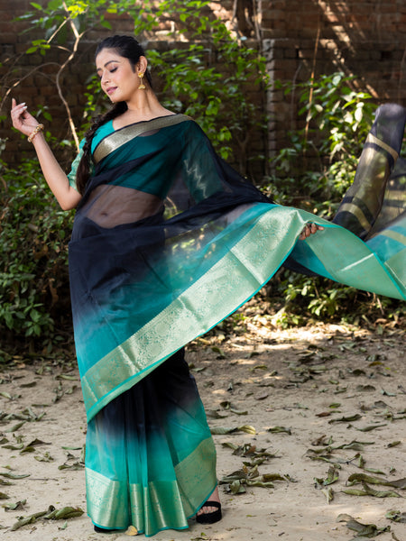 Sea Green Black Banarasi Woven Soft Organza Skirt Border Saree