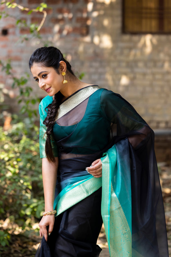 Sea Green Black Banarasi Woven Soft Organza Skirt Border Saree