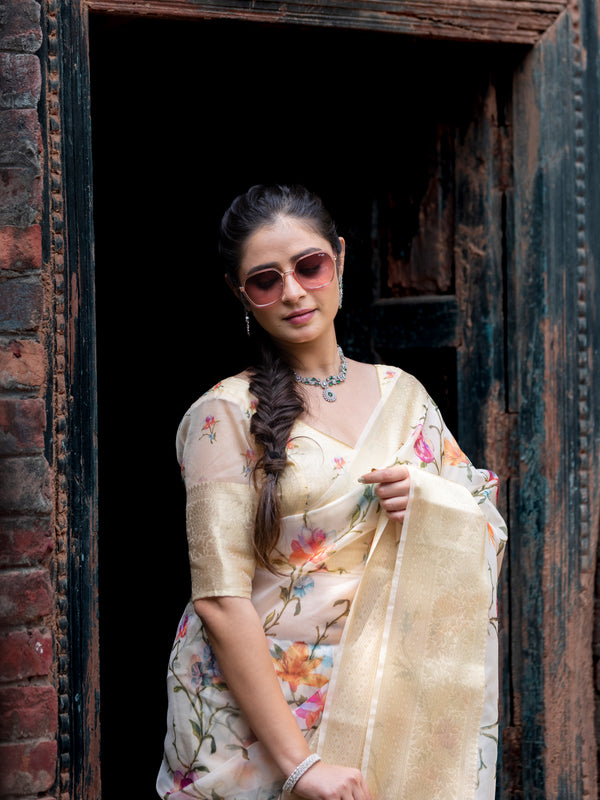 Flourishing Jaal Vibrant Organza Saree with Banarasi Zari Border | Flower Jaal Design