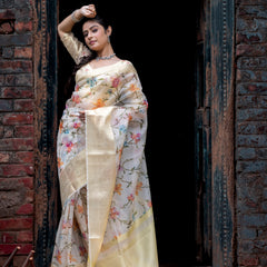 Flourishing Jaal Vibrant Organza Saree with Banarasi Zari Border | Flower Jaal Design