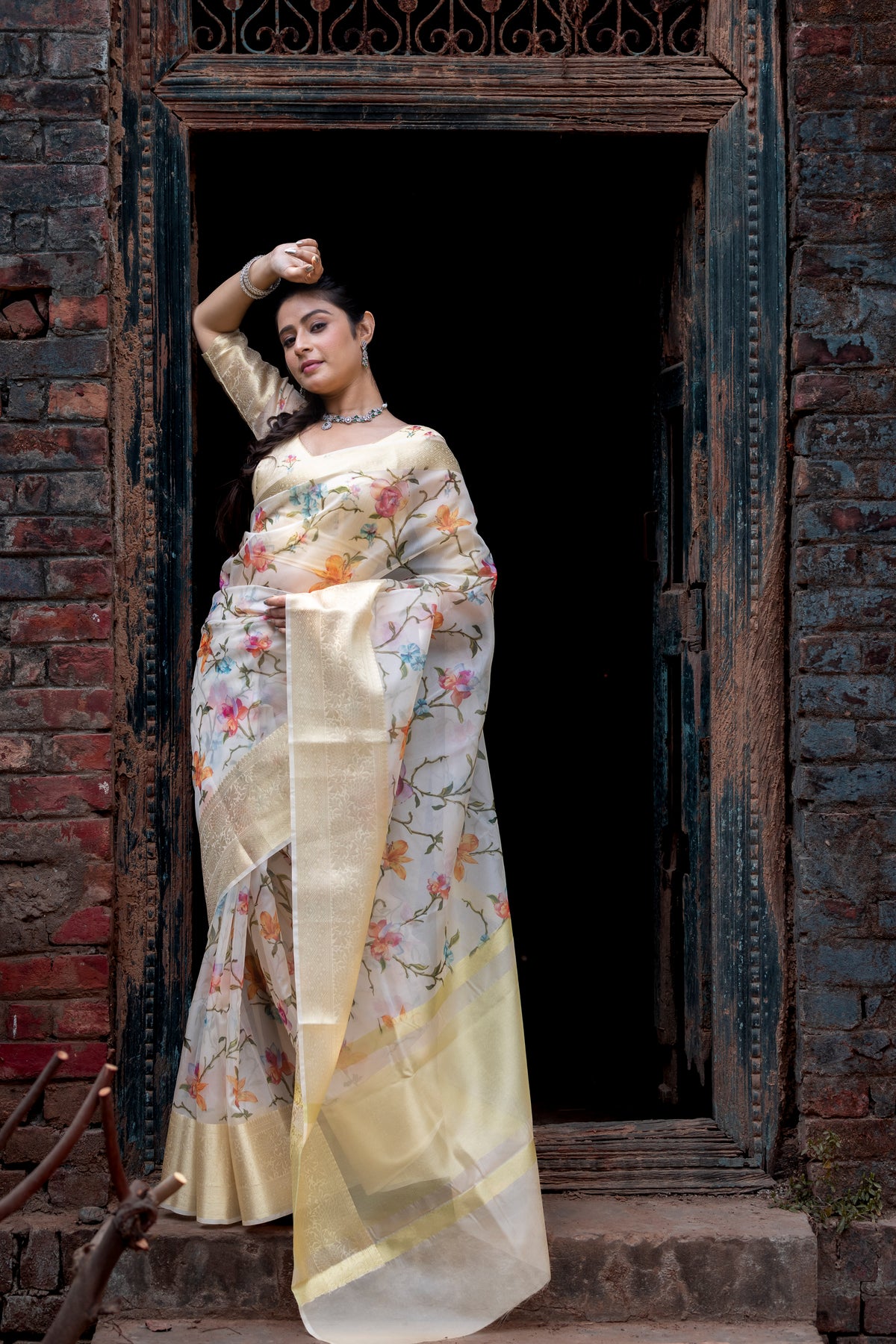 Flourishing Jaal Vibrant Organza Saree with Banarasi Zari Border | Flower Jaal Design