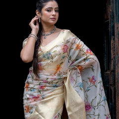 Flourishing Jaal Vibrant Organza Saree with Banarasi Zari Border | Flower Jaal Design