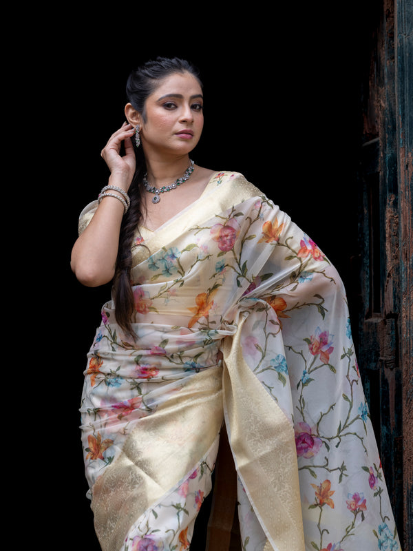 Flourishing Jaal Vibrant Organza Saree with Banarasi Zari Border | Flower Jaal Design