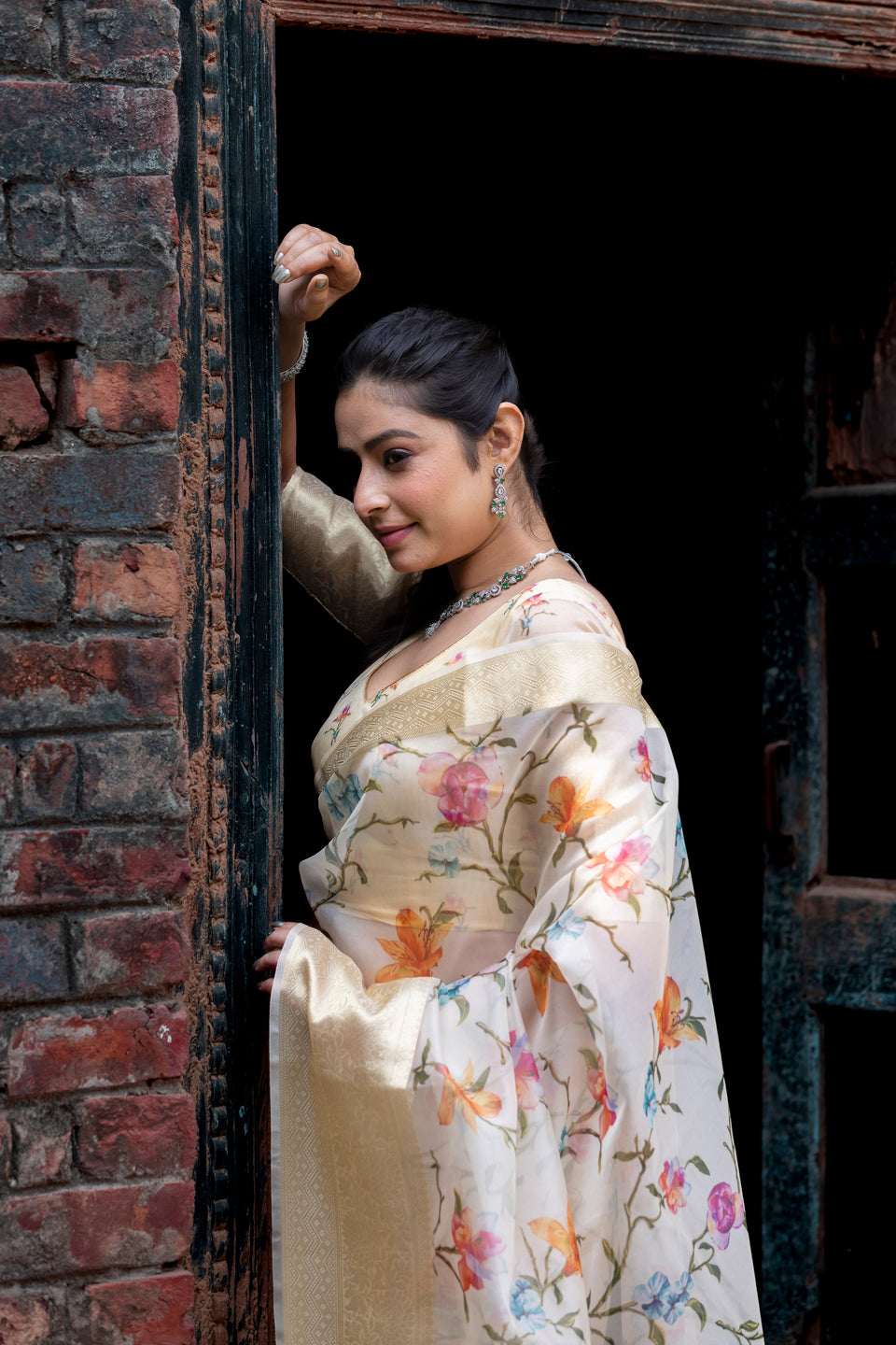 Flourishing Jaal Vibrant Organza Saree with Banarasi Zari Border | Flower Jaal Design
