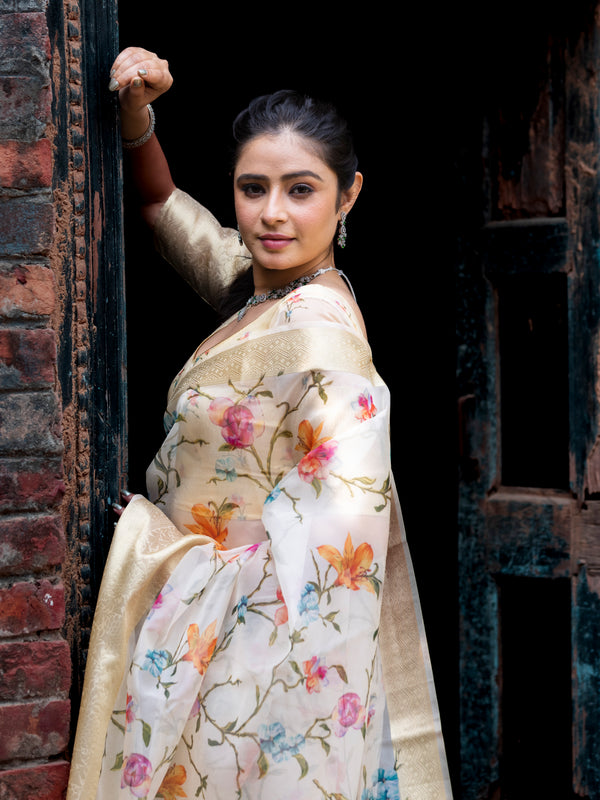 Flourishing Jaal Vibrant Organza Saree with Banarasi Zari Border | Flower Jaal Design