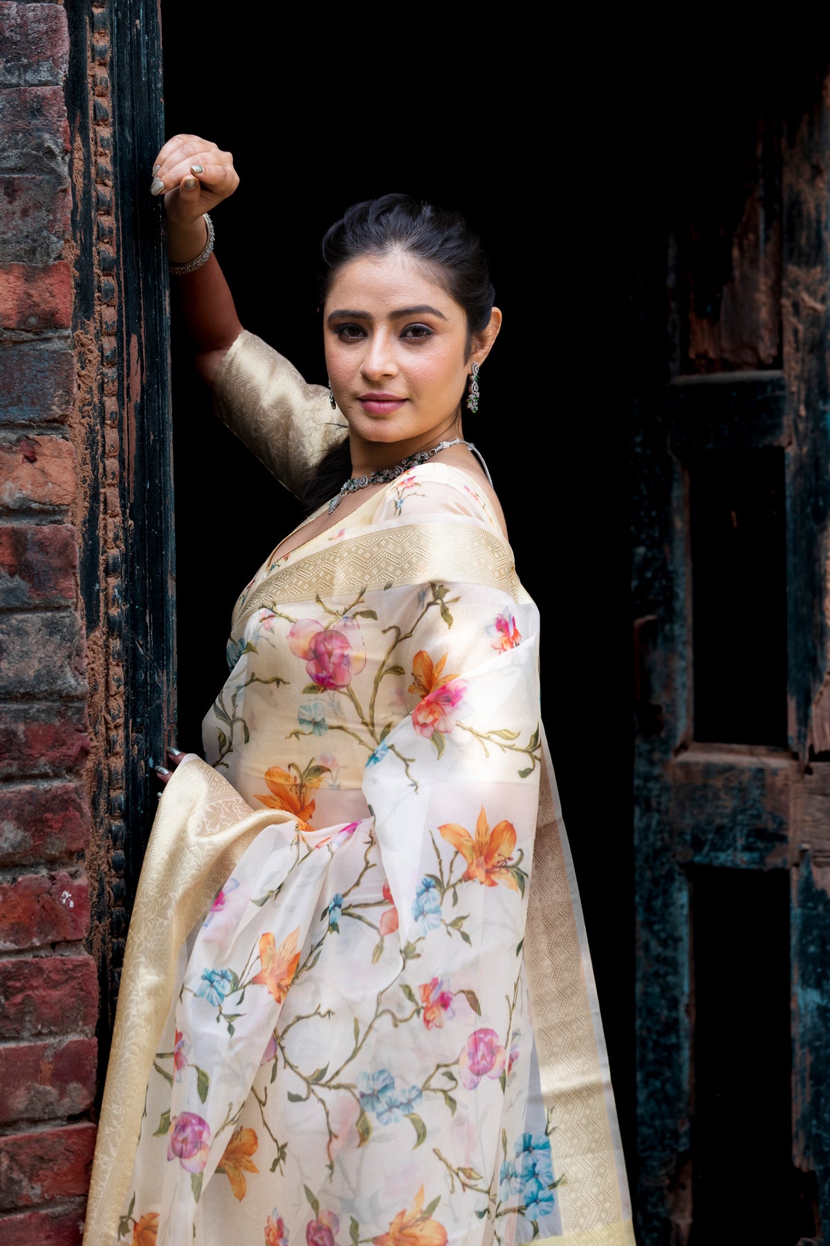 Flourishing Jaal Vibrant Organza Saree with Banarasi Zari Border | Flower Jaal Design