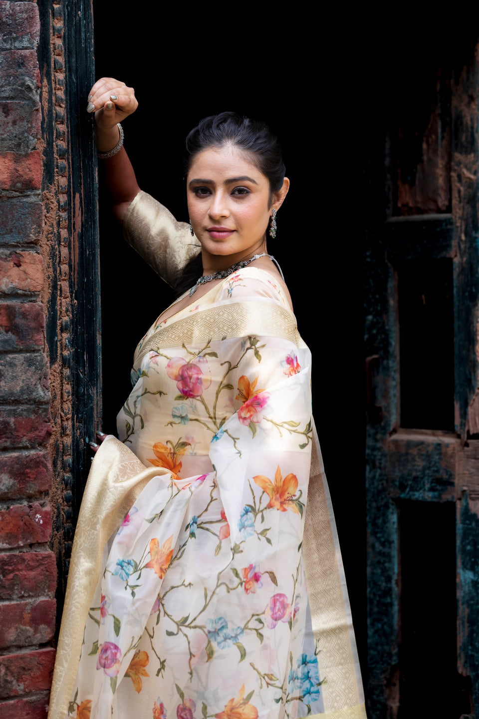 Flourishing Jaal Vibrant Organza Saree with Banarasi Zari Border | Flower Jaal Design