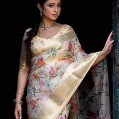 Flourishing Jaal Vibrant Organza Saree with Banarasi Zari Border | Flower Jaal Design
