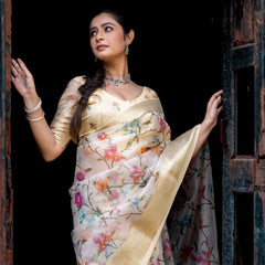 Flourishing Jaal Vibrant Organza Saree with Banarasi Zari Border | Flower Jaal Design