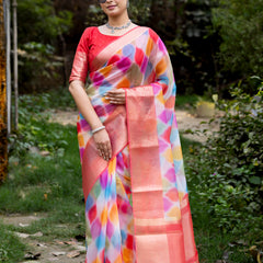 Vibrant Candy Organza Silk Saree with Banarasi Zari Border | Mesmerizing Blur prints