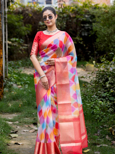 Vibrant Candy Organza Silk Saree with Banarasi Zari Border | Mesmerizing Blur prints