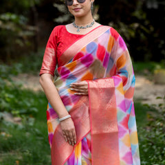 Vibrant Candy Organza Silk Saree with Banarasi Zari Border | Mesmerizing Blur prints