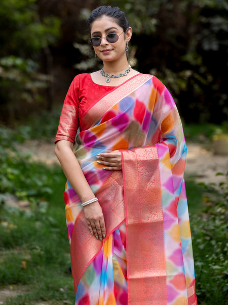 Vibrant Candy Organza Silk Saree with Banarasi Zari Border | Mesmerizing Blur prints