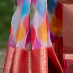 Vibrant Candy Organza Silk Saree with Banarasi Zari Border | Mesmerizing Blur prints