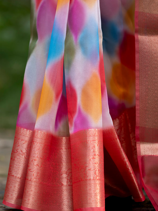 Vibrant Candy Organza Silk Saree with Banarasi Zari Border | Mesmerizing Blur prints