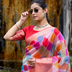 Vibrant Candy Organza Silk Saree with Banarasi Zari Border | Mesmerizing Blur prints